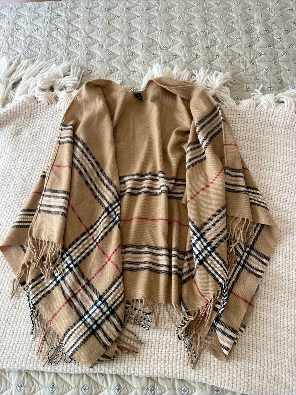 V. FRAAS Camel Plaid Fringed Shawl Cape